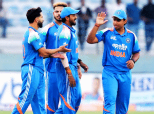 "India A vs Bangladesh A Asia Cup Rising Stars 2025 – इंडियन टीम के खिलाड़ी मैच के दौरान जश्न मनाते हुए"