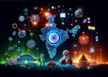 2025 में AI in India की फ्यूचरिस्टिक डिजिटल इकोनॉमी और टेक्नोलॉजी ग्रोथ की इल्लस्ट्रेशन