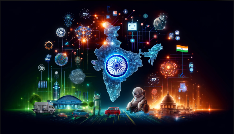 2025 में AI in India की फ्यूचरिस्टिक डिजिटल इकोनॉमी और टेक्नोलॉजी ग्रोथ की इल्लस्ट्रेशन