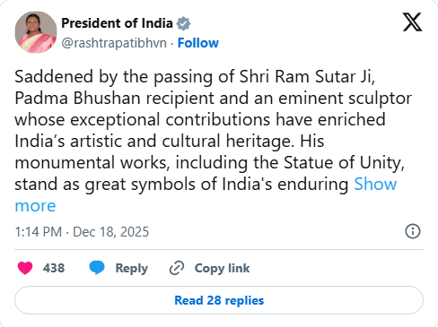 राष्ट्रपति द्रौपदी मुर्मू ने भी ram sutar के निधन पर शोक व्यक्त किया