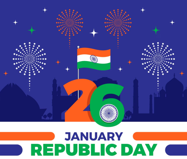 India Republic Day 2026 का भव्य ग्राफिक – 26 जनवरी, आतिशबाजी और तिरंगा के साथ