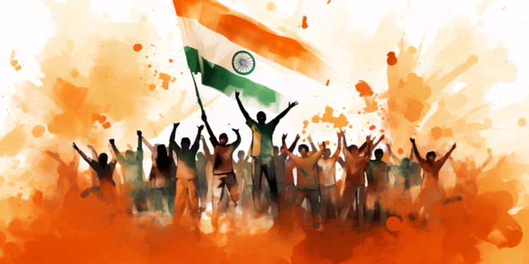 India Republic Day 2026 पर भारतीय नागरिक तिरंगा लहराते हुए उत्सव मनाते हुए भीड़