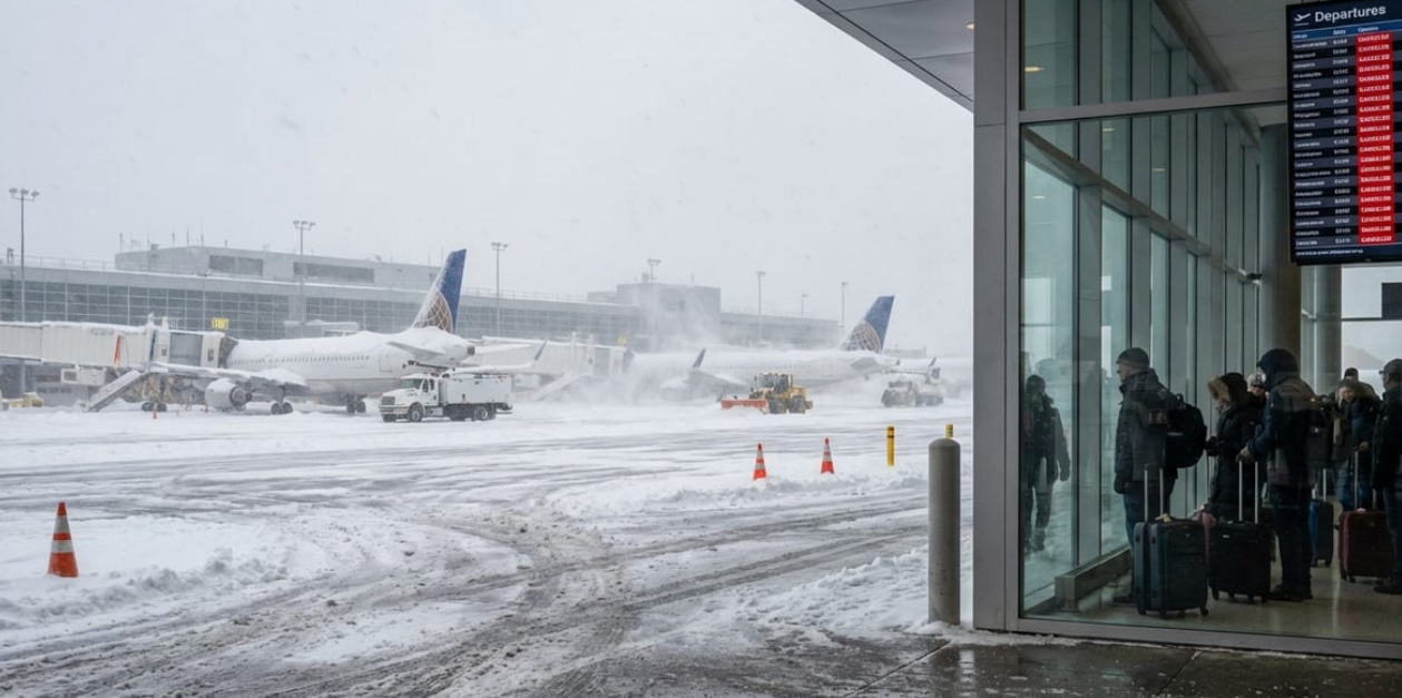 एयरपोर्ट बाहर का व्यू – कई प्लेन बर्फ में खड़े, पैसेंजर्स बाहर इंतजार करते – massive cancellations का दृश्य।new york flights cancelled