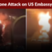 Riyadh में अमेरिकी दूतावास पर ड्रोन हमले से उठता काला धुआँ और आग की लपटें, मार्च 2026