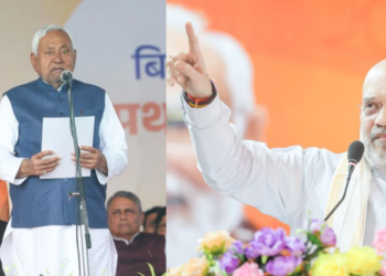 बिहार के मुख्यमंत्री Nitish Kumar पटना में राज्यसभा चुनाव 2026 के लिए नामांकन पत्र दाखिल करते हुए, अमित शाह की मौजूदगी में