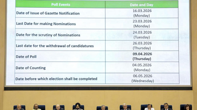 चुनाव आयोग द्वारा दिखाया गया शेड्यूल टेबल: West Bengal Election Dates 2026 की महत्वपूर्ण तारीखें।