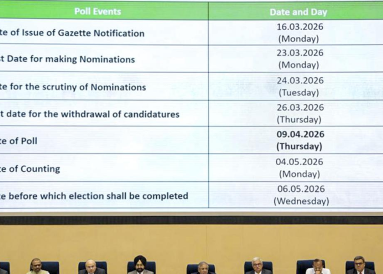 चुनाव आयोग द्वारा दिखाया गया शेड्यूल टेबल: West Bengal Election Dates 2026 की महत्वपूर्ण तारीखें।