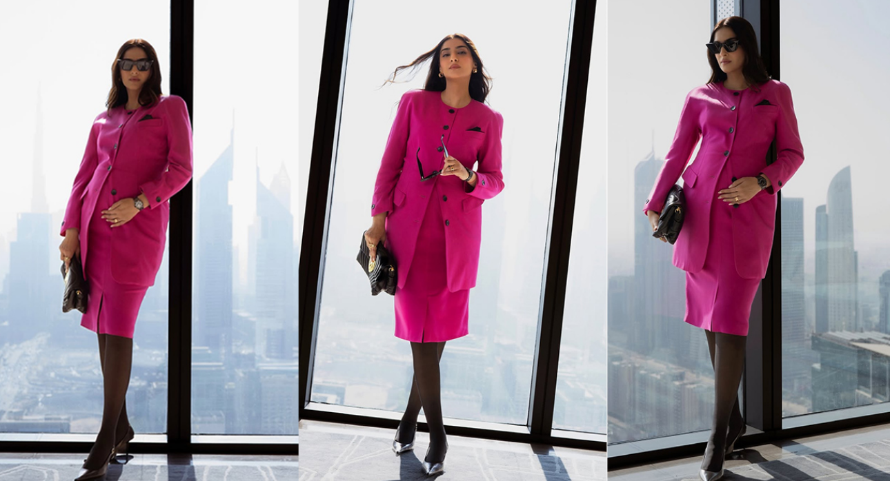 Sonam Kapoor प्रेग्नेंसी फोटोशूट, हॉट पिंक पावर सूट में ग्लोइंग बेबी बंप लुक