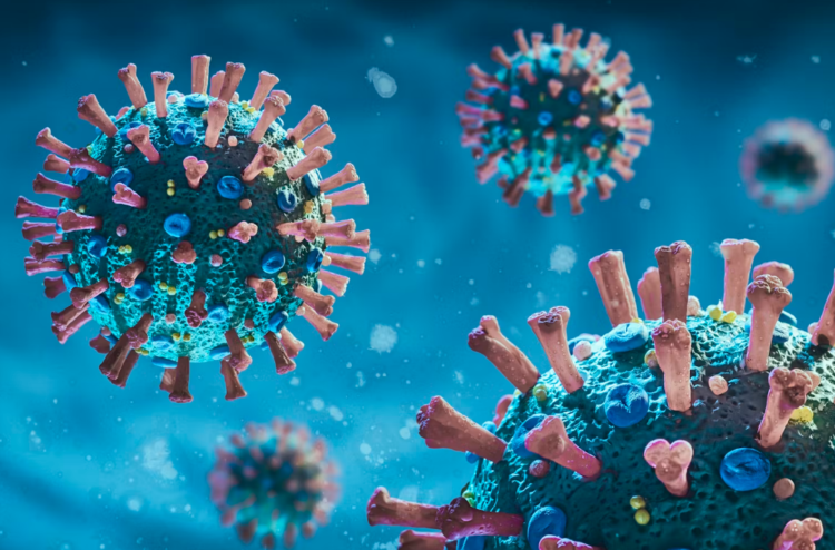 Cicada COVID Variant BA.3.2 का ग्लोबल फैलाव दिखाता 3D वायरस इलस्ट्रेशन, अमेरिका और यूरोप में बढ़ते केस