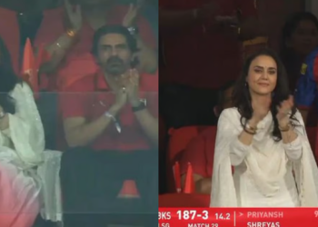 preity zinta IPL 2026 मैच में सफेद और ब्लश पिंक सूट में स्टाइलिश लुक, अर्जुन रामपाल संग
