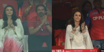 preity zinta IPL 2026 मैच में सफेद और ब्लश पिंक सूट में स्टाइलिश लुक, अर्जुन रामपाल संग