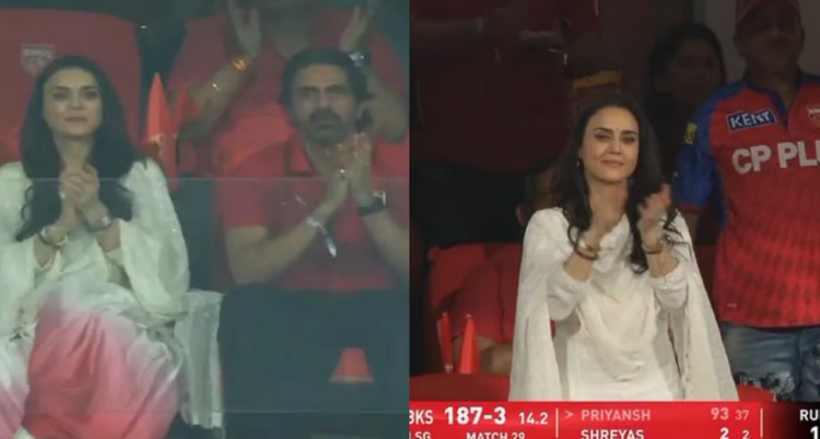 preity zinta IPL 2026 मैच में सफेद और ब्लश पिंक सूट में स्टाइलिश लुक, अर्जुन रामपाल संग