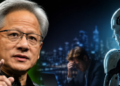 Jensen Huang AI Job Warning का इन्फोग्राफिक - AI टूल्स इस्तेमाल करने वाला व्यक्ति आगे निकलता हुआ और पारंपरिक कार्यकर्ता पीछे रहता हुआ, जॉब ट्रांसफॉर्मेशन दिखाता हुआ
