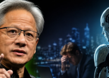 Jensen Huang AI Job Warning का इन्फोग्राफिक - AI टूल्स इस्तेमाल करने वाला व्यक्ति आगे निकलता हुआ और पारंपरिक कार्यकर्ता पीछे रहता हुआ, जॉब ट्रांसफॉर्मेशन दिखाता हुआ
