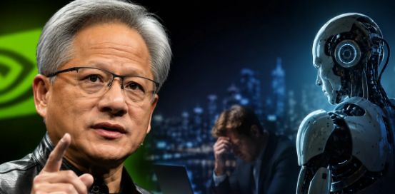 Jensen Huang AI Job Warning का इन्फोग्राफिक - AI टूल्स इस्तेमाल करने वाला व्यक्ति आगे निकलता हुआ और पारंपरिक कार्यकर्ता पीछे रहता हुआ, जॉब ट्रांसफॉर्मेशन दिखाता हुआ
