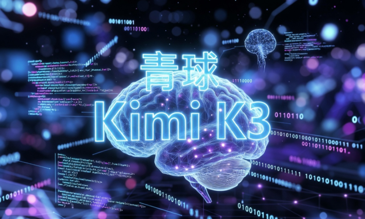 Kimi K3 AI मॉडल का futuristic डिजिटल इलस्ट्रेशन - 2.8 ट्रिलियन पैरामीटर, न्यूरल नेटवर्क और कोडिंग विजुअलाइजेशन 2026